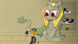 Size: 3840x2160 | Tagged: safe, artist:sewaddle36, imported from derpibooru, oc, oc:flunkerdunk, sphinx, claws, clothes, converse, crossover, duo, egyptian, folded wings, gold, graffiti, jet set radio, naruto, sharingan, shoes, tail, trophy, video game crossover, wings