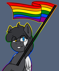 Size: 1067x1280 | Tagged: safe, artist:askhypnoswirl, imported from derpibooru, oc, oc only, pegasus, commission, looking at you, male, oc name needed, pegasus oc, pride, pride flag, simple background, smiling, smiling at you, solo, wings, ych result