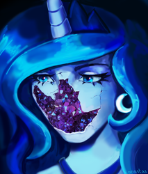 Size: 4000x4700 | Tagged: safe, artist:anastas, imported from derpibooru, princess luna, alicorn, human, pony, amethyst, brokendoll, bust, crown, ear piercing, earring, eyeshadow, horn, horned humanization, humanized, jewelry, makeup, meme, necklace, pale skin, piercing, portrait, regalia, solo