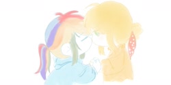 Size: 1095x546 | Tagged: safe, artist:amin684682, imported from derpibooru, applejack, rainbow dash, human, equestria girls, appledash, cute, duo, duo female, female, humanized, kissing, lesbian, multicolored hair, rainbow hair, shipping, side view