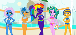 Size: 3698x1743 | Tagged: safe, artist:star-armour95, imported from derpibooru, oc, oc only, oc:flare spark, oc:radiant rail, oc:rainbow flower, oc:star heart, oc:sunlight mist, human, equestria girls, female, sports, volleyball, volleyball net