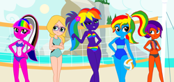 Size: 3698x1743 | Tagged: safe, artist:star-armour95, imported from derpibooru, oc, oc:allie, oc:jade harmony, oc:rainbow flower, oc:rainbow sparkle, oc:royal strength, human, equestria girls, female, sports, volleyball, volleyball net