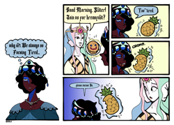 Size: 1963x1402 | Tagged: safe, artist:bixels, imported from derpibooru, princess celestia, princess luna, deity, human, a royal problem, bust, comic, dark skin, dialogue, duo, duo female, eating, female, food, humanized, light skin, multiple faces, pancakes, pineapple, royal sisters, scene interpretation, siblings, sisters, the grand galloping 20s, thought bubble