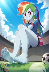 Size: 2496x3648 | Tagged: safe, imported from derpibooru, rainbow dash, human, equestria girls, ai content, ai generated, ball, blurry background, feet, female, fetish, foot fetish, foot focus, grass, grass field, legs, looking at you, low angle, prompter:trux23, smiling, smiling at you, soccer field, soles, solo, solo female, solo focus, toes