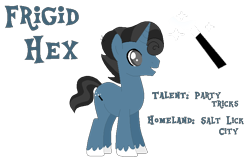 Size: 772x496 | Tagged: safe, artist:moonlightthegriffon, imported from derpibooru, oc, oc only, oc:frigid hex, pony, unicorn, base used, bio in description, cataracts, cutie mark, horn, magic wand, male, open mouth, open smile, salt lick city, simple background, smiling, solo, stallion, text, transparent background, unicorn oc