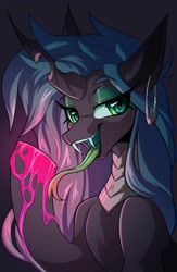 Size: 1300x2000 | Tagged: safe, artist:dodsie, imported from derpibooru, changeling, ear piercing, fangs, female, long tongue, piercing, tongue out