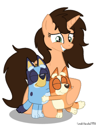 Size: 610x800 | Tagged: safe, artist:small-brooke1998, artist:tanahgrogot, imported from derpibooru, oc, oc:small brooke, dog, pony, unicorn, base, base used, bingo heeler, bluey, bluey heeler, crossover, horn, hug, simple background, transparent background