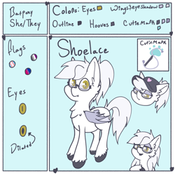 Size: 4356x4316 | Tagged: safe, artist:tkshoelace, imported from derpibooru, oc, oc only, oc:shoelace, bat pony, asexual pride flag, bat pony oc, bat wings, bisexual pride flag, chest fluff, cutie mark, ear fluff, eyelashes, eyeshadow, floppy ears, glasses, hat, heart, lipstick, makeup, ponytail, pride, pride flag, pronouns, reference sheet, slit pupils, solo, text, transgender pride flag, unshorn fetlocks, white fur, white mane, wings