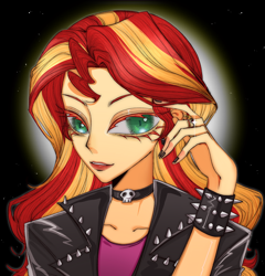 Size: 2084x2175 | Tagged: safe, artist:nimingxiwang168, imported from derpibooru, sunset shimmer, human, equestria girls, bust, choker, clothes, female, humanized, jacket, lips, solo, spiked wristband, wristband