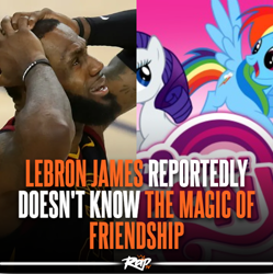 Size: 500x502 | Tagged: safe, imported from derpibooru, rainbow dash, rarity, human, pegasus, pony, unicorn, female, flying, hands on head, horn, irl, lebron james, logo, mare, meme, orange text, photo, shitposting, show logo, smiling, spread wings, text, white text, wings