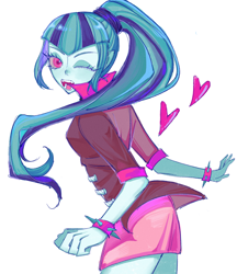 Size: 2048x2374 | Tagged: safe, artist:nimingxiwang168, imported from derpibooru, sonata dusk, human, equestria girls, blue hair, blue skin, cowboy shot, humanized, one eye closed, open mouth, open smile, simple background, smiling, solo, white background, wink