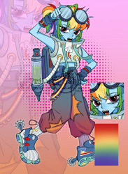 Size: 1936x2642 | Tagged: safe, artist:nimingxiwang168, imported from derpibooru, rainbow dash, human, equestria girls, alternate clothes, blue skin, clothes, denim, full body, goggles, goggles on head, gradient background, jeans, open mouth, pants, reference sheet, shoes, solo