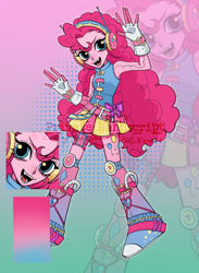 Size: 1936x2642 | Tagged: safe, artist:nimingxiwang168, imported from derpibooru, pinkie pie, human, equestria girls, abstract background, alternate clothes, boots, clothes, full body, gradient background, humanized, open mouth, open smile, pink skin, reference sheet, shoes, skirt, smiling, solo