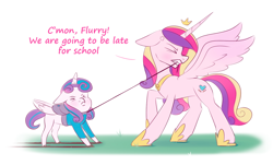 Size: 1480x891 | Tagged: safe, artist:tanatos, imported from derpibooru, princess cadance, princess flurry heart, alicorn, pony, backpack, cross-popping veins, emanata, eyes closed, female, floppy ears, gritted teeth, leash, mother and child, mother and daughter, mouth hold, pulling, school, simple background, sketch, teeth