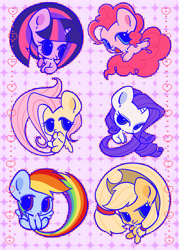 Size: 1873x2615 | Tagged: safe, artist:nimingxiwang168, imported from derpibooru, applejack, fluttershy, pinkie pie, rainbow dash, rarity, twilight sparkle, earth pony, pegasus, pony, unicorn, abstract background, chibi, cute, dashabetes, diapinkes, group, horn, jackabetes, mane six, pink background, raribetes, shyabetes, simple background, twiabetes, unicorn twilight