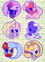 Size: 1873x2615 | Tagged: safe, artist:nimingxiwang168, imported from derpibooru, applejack, fluttershy, pinkie pie, rainbow dash, rarity, twilight sparkle, earth pony, pegasus, pony, unicorn, abstract background, alternate color palette, chibi, cute, dashabetes, diapinkes, group, horn, jackabetes, mane six, pink background, raribetes, shyabetes, simple background, twiabetes, unicorn twilight