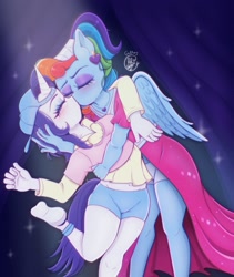 Size: 1643x1944 | Tagged: safe, artist:codeizzy, imported from derpibooru, rainbow dash, rarity, anthro, pegasus, unicorn, alternate hairstyle, clothes, dress, female, hat, horn, kissing, lesbian, megaradash, raridash, shipping, shirt, shorts