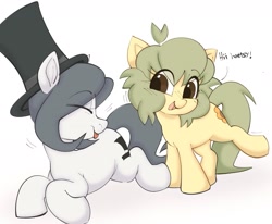 Size: 1791x1477 | Tagged: safe, artist:mushy, imported from derpibooru, oc, oc only, oc:hattsy, oc:pea, earth pony, pony, doodle, duo, duo female, earth pony oc, eyes closed, female, filly, foal, greeting, happy, hat, lying down, mare, open mouth, open smile, prone, raised leg, smiling, tail, tongue out, top hat