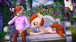 Size: 5120x2880 | Tagged: safe, artist:silkworm205, imported from derpibooru, oc, oc only, oc:brownie bun, anthro, earth pony, pony, horse wife, series:silkworm205's weekly artwork 2024, 3d, bench, carrot, clothes, colored eyebrows, download at source, downloadable, earth pony oc, eating, female, flower, fluffy hair, fluffy tail, food, garden, jewelry, outdoors, pants, peanut butter, revamped anthros, revamped ponies, self paradox, self ponidox, shirt, source filmmaker, source filmmaker resource, spoon, tail, unshorn fetlocks