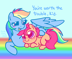 Size: 1196x983 | Tagged: safe, artist:feralkittyclawz, imported from derpibooru, rainbow dash, scootaloo, pegasus, pony, blushing, cute, cutealoo, dashabetes, dialogue, doodle, duo, duo female, female, filly, foal, folded wings, lying down, mare, on a rainbow, one wing out, open mouth, open smile, praise, prone, rainbow, scootalove, side hug, signature, smiling, tail, wings