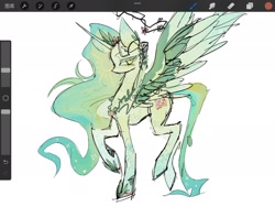 Size: 2048x1536 | Tagged: safe, artist:lengquancpwodeshen, imported from derpibooru, oc, oc only, alicorn, pony, alicorn oc, art program in frame, green coat, green mane, green tail, horn, procreate app, solo, tail, wings