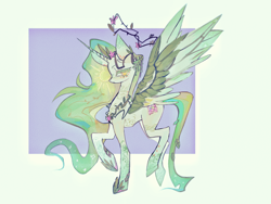 Size: 2048x1536 | Tagged: safe, artist:lengquancpwodeshen, imported from derpibooru, oc, oc only, alicorn, pony, alicorn oc, green background, green coat, green mane, green tail, horn, raised hoof, simple background, solo, tail, two toned background, wings