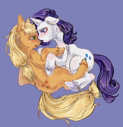 Size: 1744x1810 | Tagged: safe, artist:ruge9509, imported from derpibooru, applejack, rarity, earth pony, pony, unicorn, cuddling, duo, duo female, female, horn, lesbian, lying down, on side, purple background, rarijack, shipping, side view, simple background