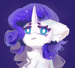 Size: 818x750 | Tagged: safe, artist:ruge9509, imported from derpibooru, pony, unicorn, blue eyes, bust, female, horn, mare, purple background, purple mane, simple background, solo, white coat, white pupils