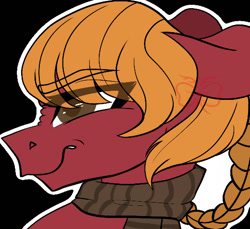 Size: 521x477 | Tagged: safe, artist:arabellascommissions, oc, oc only, oc:foxwhelp, earth pony, pony, annoyed, braid, brown eyes, clothes, female, ginger mane, headshot commission, mare, photo, red coat, scarf, scrunched nose, solo