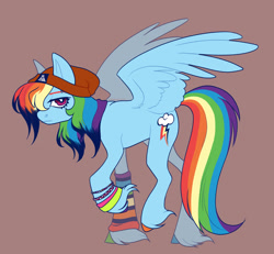 Size: 2048x1893 | Tagged: safe, artist:snowolive, imported from derpibooru, rainbow dash, pegasus, pony, arm warmers, beanie, bracelet, clothes, colored eyebrows, colored hooves, coral background, emo, emodash, eyebrow piercing, female, full body, hat, hooves, jewelry, looking at you, mare, multicolored hooves, piercing, side view, signature, simple background, solo, spread wings, unshorn fetlocks, wings, wristband