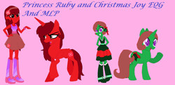 Size: 1232x594 | Tagged: safe, artist:celestiathefilly, artist:selenaede, imported from derpibooru, oc, oc only, oc:christmas joy, oc:princess ruby, alicorn, human, pony, unicorn, equestria girls, alicorn oc, boots, bracelet, closed mouth, clothes, colored pupils, concave belly, dress, duo, equestria girls oc, equestria girls-ified, female, folded wings, frown, grin, hand on hip, hands behind back, high heel boots, horn, jewelry, looking at you, mare, open mouth, physique difference, pink background, purple eyes, raised hoof, raised leg, red eyes, shirt, shoes, simple background, skirt, slender, smiling, standing, tanktop, thin, unicorn oc, walking, wings