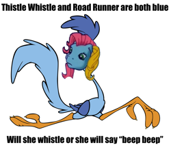 Size: 2125x1825 | Tagged: safe, edit, imported from derpibooru, thistle whistle, bird, pegasus, pony, roadrunner, beep beep, black text, blue, cute, female, frown, g3, g3betes, looney tunes, mare, road runner, simple background, text, thistlebetes, white background