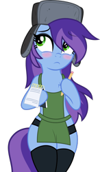 Size: 2336x4000 | Tagged: safe, artist:moliminous, imported from derpibooru, oc, oc only, oc:cher nobyl, pony, semi-anthro, unicorn, apron, arm hooves, bipedal, blushing, clothes, curvy, embarrassed, female, frown, hat, hoof hold, horn, iced latte with breast milk, looking away, mare, meme, notepad, paper, pen, pencil, simple background, socks, solo, starbucks, tail, thicc thighs, thigh highs, transparent background, ushanka, vector