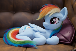 Size: 1248x832 | Tagged: safe, imported from derpibooru, rainbow dash, pegasus, ai content, ai generated, anonymous prompter, couch, cute, dashabetes, ear fluff, fluffy, lying down, photorealistic, prone, solo