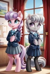 Size: 800x1169 | Tagged: safe, imported from derpibooru, diamond tiara, silver spoon, earth pony, semi-anthro, ai content, ai generated, classroom, clothes, duo, duo female, female, filly, foal, generator:pony diffusion v6 xl, generator:stable diffusion, indoors, mare, prompter:gregorymars, school, school uniform, skirt, standing, window