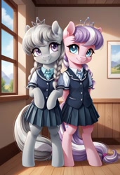 Size: 800x1169 | Tagged: safe, imported from derpibooru, diamond tiara, silver spoon, earth pony, semi-anthro, ai content, ai generated, classroom, clothes, duo, duo female, female, filly, foal, generator:pony diffusion v6 xl, generator:stable diffusion, indoors, mare, prompter:gregorymars, school, school uniform, skirt, standing, window