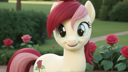 Size: 1920x1080 | Tagged: safe, imported from derpibooru, roseluck, ai content, ai generated, anonymous prompter, bush, eye reflection, flower, garden, happy, looking at you, open mouth, reflection, rose, smiling