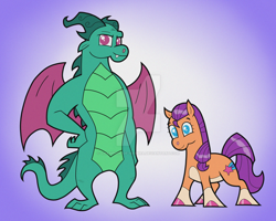 Size: 1280x1024 | Tagged: safe, artist:champion-of-namira, imported from derpibooru, sunny starscout, dragon, earth pony, pony, alternate design, deviantart watermark, duo, female, g5, gradient background, mare, obtrusive watermark, older, older sparky sparkeroni, sparky sparkeroni, watermark