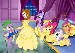 Size: 3194x2269 | Tagged: safe, artist:jac59col, imported from derpibooru, apple bloom, scootaloo, spike, sweetie belle, twilight sparkle, alicorn, dragon, earth pony, human, pony, unicorn, beauty and the beast, belle, clothes, crossover, dancing, disney, disney princess, dress, female, horn, male