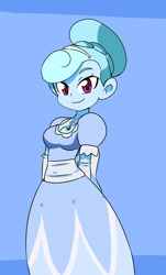 Size: 1280x2115 | Tagged: safe, artist:qsky, imported from derpibooru, oc, oc only, oc:jemimasparkle, human, equestria girls, clothes, cute, dress, evening gloves, female, gloves, gown, hair bun, hairband, hands behind back, jewelry, long gloves, necklace, ocbetes, poofy shoulders, princess daisy, smiling, solo, super mario bros.