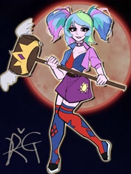 Size: 3000x4000 | Tagged: safe, artist:roachgochi, imported from derpibooru, princess celestia, human, equestria girls, alternate hairstyle, choker, clothes, cutie mark, cutie mark on clothes, dc comics, hammer, harley quinn, pigtails, principal celestia, skirt, smiling, socks, thigh highs