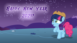 Size: 1920x1080 | Tagged: safe, artist:miss-diamaentye, imported from derpibooru, oc, earth pony, pony, 2025, base used, fusion, fusion:applejack, fusion:pinkie pie, fusion:rarity, fusion:twilight sparkle, happy new year, happy new year 2025, hat, holiday, solo