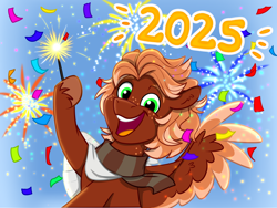 Size: 1654x1241 | Tagged: safe, artist:rutkotka, imported from derpibooru, amethyst star, sparkler, oc, oc:golden flare, pegasus, pony, bandage, broken bone, broken wing, cast, clothes, colored hooves, colored wings, commission, fireworks, freckles, happy new year, holiday, hooves, injured, male, nonbinary, pegasus oc, ponified, scarf, short tail, sling, species swap, stallion, tail, unshorn fetlocks, wings