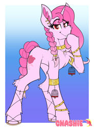 Size: 1800x2451 | Tagged: safe, artist:gnashie, imported from derpibooru, oc, oc only, oc:rose quartz, pony, unicorn, braid, braided tail, cage, eyeshadow, gradient background, horn, jewelry, long legs, makeup, passepartout, pink mane, red eyes, sandals, smug, solo, tail, thin, unicorn oc