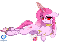 Size: 5559x4016 | Tagged: safe, artist:starsongdusk, imported from derpibooru, oc, oc only, oc:rose quartz, pony, unicorn, braid, braided tail, cage, horn, jewelry, looking at you, magic, magic aura, micro, pink mane, red eyes, sandals, shrinking, simple background, smug, tail, transparent background