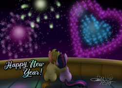 Size: 8846x6403 | Tagged: safe, artist:tidmouthmilk12, imported from derpibooru, twilight sparkle, oc, oc:tidmouth milk, alicorn, earth pony, pony, balcony, canon x oc, duo, duo male and female, facing away, female, fireworks, happy new year, holiday, hug, male, night, night sky, shipping, signature, sitting, sky, straight, twilight sparkle (alicorn), twilight's castle