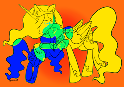 Size: 3508x2480 | Tagged: safe, artist:uniomie, imported from derpibooru, princess celestia, princess luna, alicorn, pegasus, pony, unicorn, blue coat, blue eyes, blue mane, duo, duo female, fanart, female, green coat, green mane, horn, hug, i depend on you, meme, orange background, siblings, simple background, sisters, yellow coat, yellow eyes, yellow mane