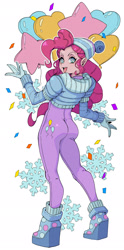 Size: 1080x2169 | Tagged: safe, artist:223933965a, imported from derpibooru, pinkie pie, human, equestria girls, ass, balloon, balloonbutt, butt, clothes, cutie mark, cutie mark on clothes, female, simple background, solo, white background, winter outfit