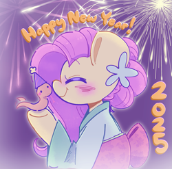 Size: 1437x1417 | Tagged: safe, artist:typhwosion, imported from derpibooru, fluttershy, pegasus, pony, snake, blushing, clothes, cute, eyes closed, female, fireworks, happy new year, happy new year 2025, hat, holiday, kimono (clothing), mare, party hat, shyabetes, solo, text, year of the snake