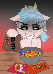 Size: 1000x1404 | Tagged: safe, artist:chopsticks, imported from derpibooru, cozy glow, pegasus, pony, bow, bowl, candy, cheek fluff, chest fluff, chocolate, devil horns, evil grin, female, filly, floppy ears, foal, food, freckles, gradient background, grin, hair bow, hoof hold, horns, looking down, m&m's, ponytail, pure concentrated unfiltered evil of the utmost potency, pure unfiltered evil, reese's, reese's pieces, skittles, smiling, stray strand, table, unshorn fetlocks